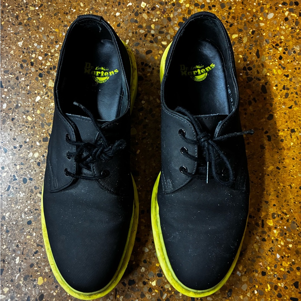 Dr. Martens Men's Black and Neon Yellow Oxfords